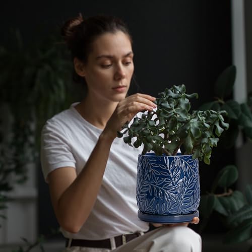 D'vine Dev Embossed Leaves Ceramic Planter, 6 in, Midnight Blue, 27-A-X-3 - color: Midnight Blue, size: 6 Inch