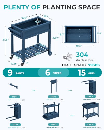 SERWALL Raised Garden Bed on Wheels with Storage Shelf Set of 2,Navy - color: Navy, size: 2 Pack