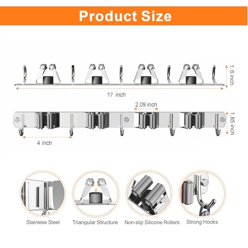 CUXIXA Mop and Broom Holder Wall Mount for Kitchen Garden Laundry Garage - color: Silver, size: 4 Racks with 5 Hooks