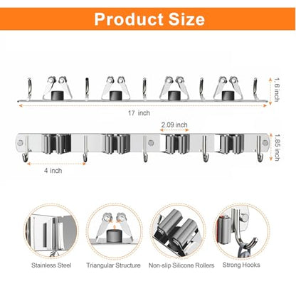 CUXIXA Mop and Broom Holder Wall Mount for Kitchen Garden Laundry Garage - color: Silver, size: 4 Racks with 5 Hooks