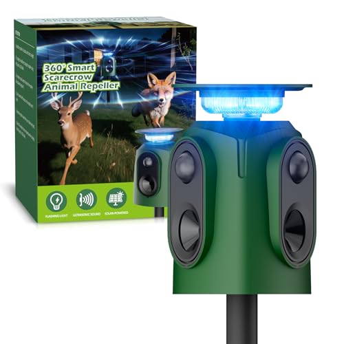 360° Solar Ultrasonic Animal Repeller Outdoor, Motion Activated Deer Repellent Devices with Flashing Lights, Waterproof Cat Repellent Outdoor for Yard, Repel Dog, Raccoon, Coyote, Skunk & More