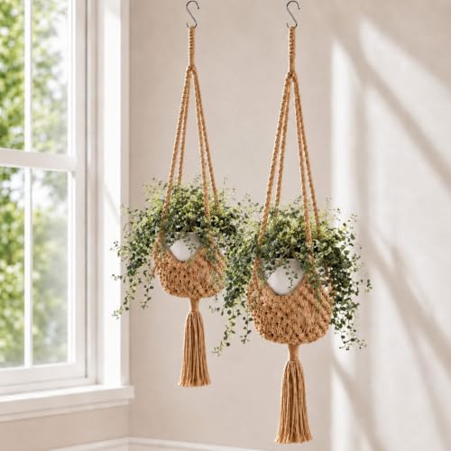 Shappy 2 Pack Boho Macrame Plant Hanger for Indoor - color: Jute Color, size: Style D
