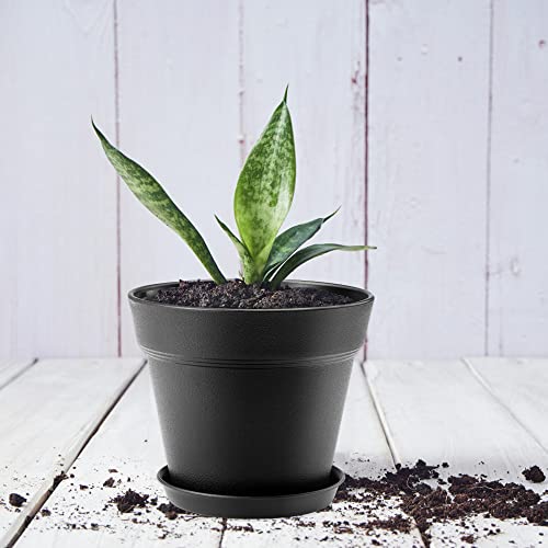 6 Pack 7 inch Plastic Plant Pots with Drainage Holes and Tray, Black - color: Black, size: 6 Pack-7in