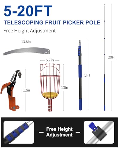 26FT Reach Pole Saw, Telescoping Tree Trimmer with 5-20FT Extension Pole, Sharp Steel Blade and Scissors, Fruit Picker, Extendable Long Handle Tree Pruner for Yard Garden Trees Palms Shrubs