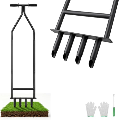Manual Core Aerator Lawn Tool, Heavy Duty Lawn Aerator Tool with 4 Hollow Tines, Yard Aeration Tool for Lawn, Grass Plug Aerator for Compacted Soil, Lawn Care