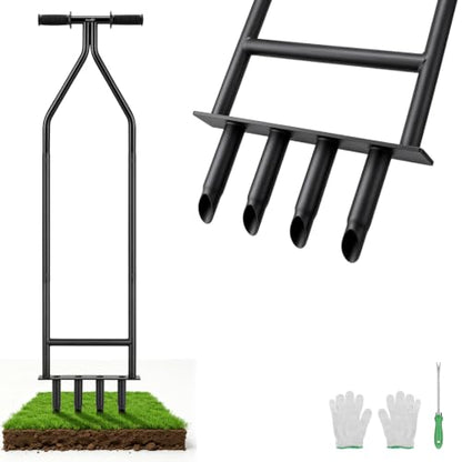 Manual Core Aerator Lawn Tool, Heavy Duty Lawn Aerator Tool with 4 Hollow Tines, Yard Aeration Tool for Lawn, Grass Plug Aerator for Compacted Soil, Lawn Care