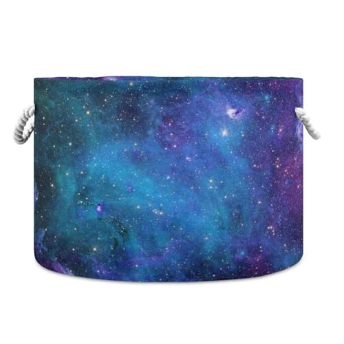 Blue Galaxy Print Round Storage Basket Collapsible with Handle - color: Blue