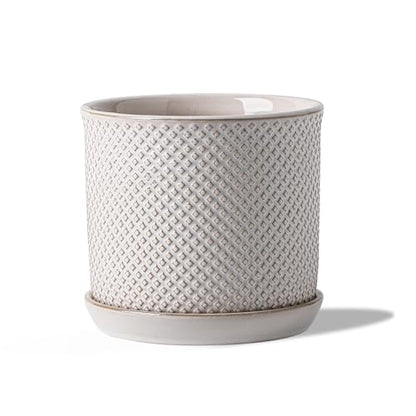 5.8 Inch Ceramic Planter with Drainage Hole & Bonded Saucer - color: Beaded Embossed, size: 6 inch