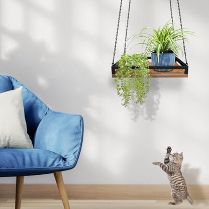 Plant Hanger Indoor, 16" Wooden Hanging Plant Holder with Metal Frame - size: Large