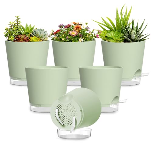 Plant Pots 5 Inch Self Watering Pots,6 Pack Plastic Planters with Drainage Holes and Clear Saucers,Plastic Flower Pots,Nursery Planting Pot for Indoor Out Door Plants (Green) - color: Green, size: 5 inch