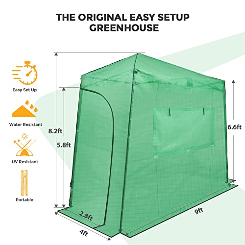 EAGLE PEAK 9x4 Easy Setup Pop Up Greenhouse, Lean-to Design, Clear/Green - color: Clear/Green, size: 9x4