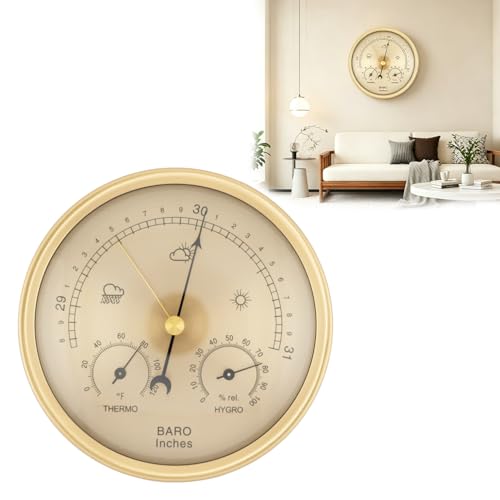 3-in-1 Analog Weather Station, 132mm Barometer Thermometer Hygrometer, Accurate Fahrenheit Readings, Indoor Outdoor Air Pressure Temp Humidity Monitor- Golden