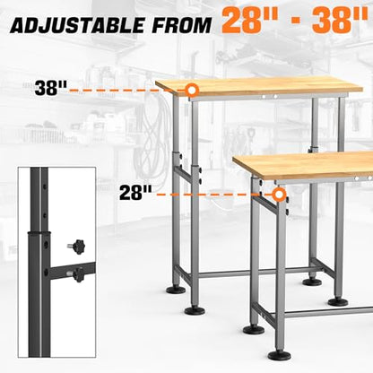 TORACK Adjustable Workbench with Rubberwood Top, 32" x 18" - size: 32 x 18 inch