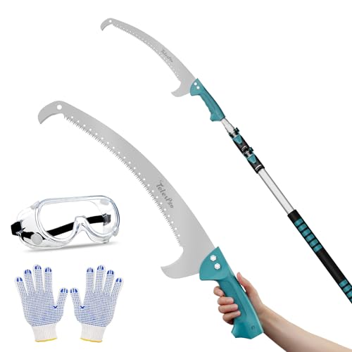 TelesPro Extendable Tree Trimmer: Manual Pole Saw | 5-12ft Telescoping Pruning Pole for Tree Trimming | Saw Attachment, Safety Goggles, and Gloves Included | Trim Branches up to 2" Diameter - size: 12FT POLE