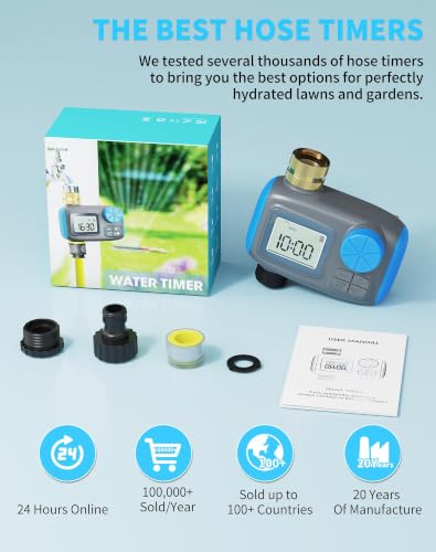 Sprinkler Timer with Brass Swivel, Digital Irrigation Controller System with Rain Delay/Manual Mode/Automatic Watering for Outdoor Garden Yard Lawn