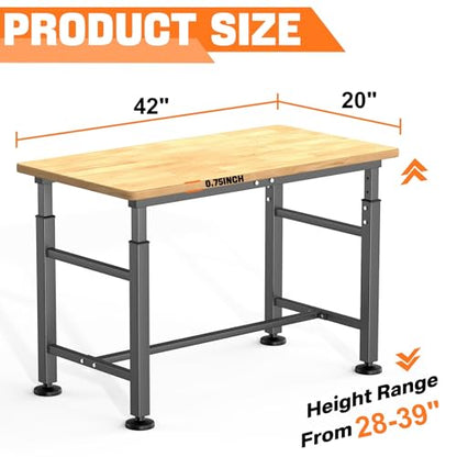 TORACK Adjustable Workbench with Rubberwood Top, 42" x 20" - size: 42 x 20 inch