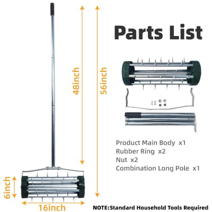 Rolling Lawn Aerator Tool, 57 Inch Back-Saving Handle, Heavy Duty Galvanized Steel Spike Aerator for Grass Roots, 1.4" D Manual Push Loosener