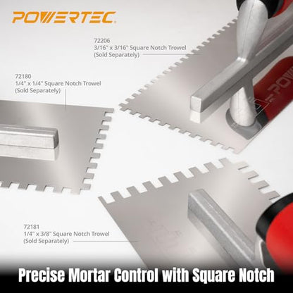 POWERTEC Square Notch Trowel - 1/4" x 3/8" Stainless Steel Square-Notch Tile Trowel with Soft Grip Handle for Thinset Mortar, Mastic & Tile Installation Work (72781) - style: 1/4" x 1/4" Square Notch