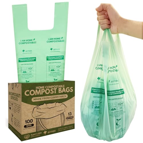 AIRNEX Compostable Kitchen Trash Bags 13 Gal - Cornstrarch Leakproof & Tear Resistant 100 Compost Bags - OK Compost Home & Seedling Certified 0.25 mm Kitchen Garbage Bags - style: 13 Gal, 100 Pack