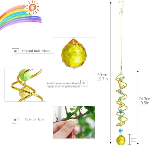 20.5in Yellow Crystal Gazing Ball Spiral Wind Spinner Suncatcher Decor - color: Gold With Yellow Ball Drop Prism