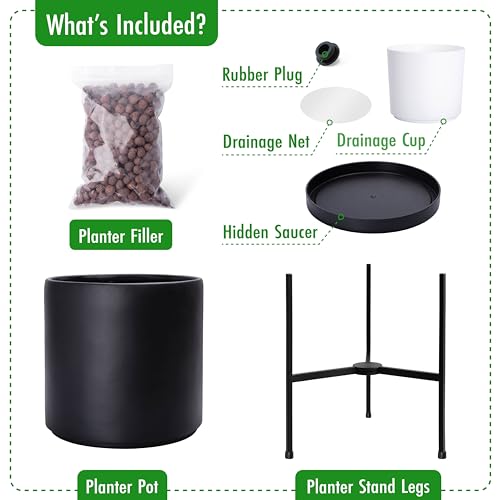D'vine Dev Cylinder Planter Pot with Metal Stand, Black, 10 in, 96-T-B-2 - color: Black, size: Medium 10 Inch