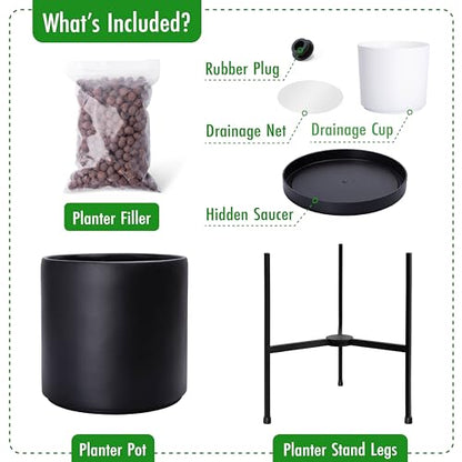 D'vine Dev Cylinder Planter Pot with Metal Stand, Black, 10 in, 96-T-B-2 - color: Black, size: Medium 10 Inch