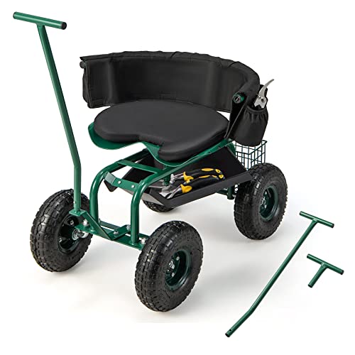 Giantex Garden Cart, Rolling Workseat with 4 Wheels, Tool Tray, Removable Cushion, Storage Basket, 2 Handles, Adjustable Height & 360 Swivel Work Seat, Gardening Stool for Patio Lawn Garden Yard - color: Green & Black