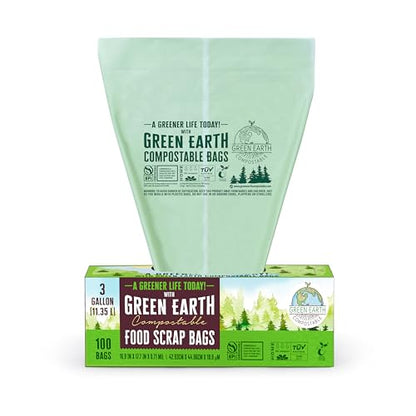 Green Earth Compostable Small Kitchen Food Scrap Trash Bags, Extra Thick 0.71 Mil, Compost Bin Compatible, 3 Gallon, 11.35 Liter, 100-Count, ASTM D6400, BPI (US) & OK Compost Home (EU) Certified - size: 100 Count (Pack of 1), style: 3 Gallon