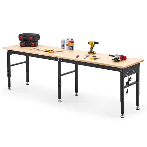 96" Adjustable Workbench with Rubberwood Top & Power Outlet, Large 96x24Inch 9-Level Height Range 27"-37", 5000 LBS Heavy Duty Capacity for Workshop, Office, Garage, Home - size: 96*24 Inch