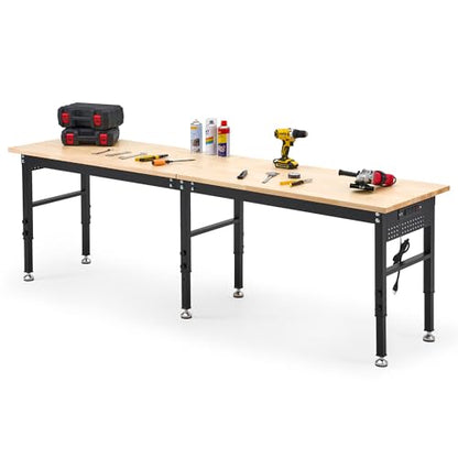 96" Adjustable Workbench with Rubberwood Top & Power Outlet, Large 96x24Inch 9-Level Height Range 27"-37", 5000 LBS Heavy Duty Capacity for Workshop, Office, Garage, Home - size: 96*24 Inch