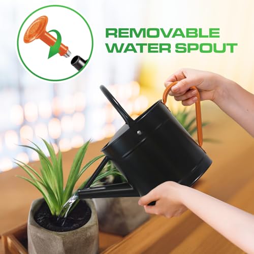 Plexon Metal Watering Can Outdoor 1 Gallon, Flower Plant Gardening Garden Large Watering Can Pot Pitcher, Steel Orange Handles and Removable Spray Spout, Black - color: Black