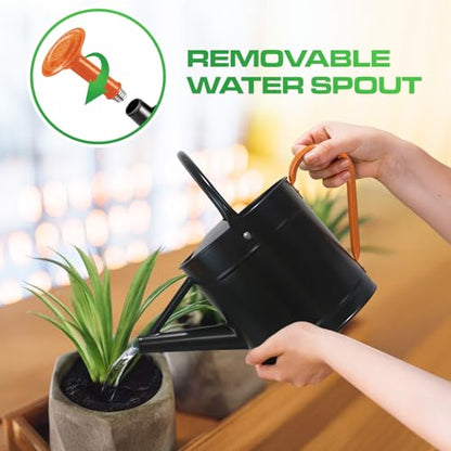 Plexon Metal Watering Can Outdoor 1 Gallon, Flower Plant Gardening Garden Large Watering Can Pot Pitcher, Steel Orange Handles and Removable Spray Spout, Black - color: Black