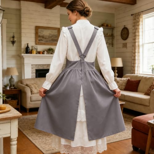 Cotton Linen Apron Cross Back Apron for Women with Pockets Pinafore Dress - color: Grey