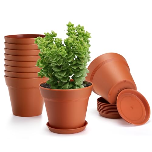10 Pack 5 inch Plastic Plant Pots with Drainage Holes and Tray, Terracotta - color: Terracotta, size: 10 Pack-5in