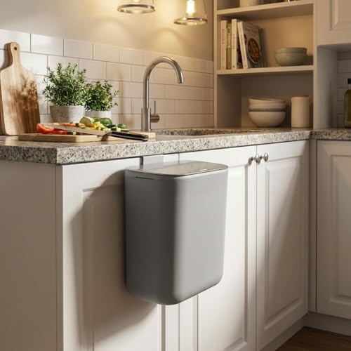 2.4 Gal/9L Hanging Trash Can, Stainless Steel Compost Bin with Lid & Hook, Small Garbage Can for Kitchen Counter, Bathroom Sink, Office Desk, Space-Saving Rubbish Bin - Grey - size: 2.4 Gallon / 9 Liter