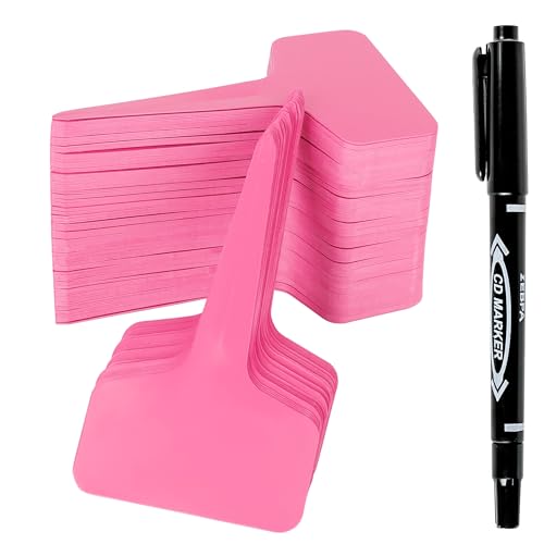 Xgunion Plant Labels Tags 200Pcs T-Type Markers Pink with Marking Pen - color: Pink