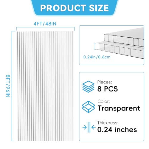 8 Pcs Greenhouse Panel, 8'FT x 4'FT x 0.24"IN Twin-Wall Polycarbonate Sheet - size: 8'FT x 4'FT x 0.24"IN