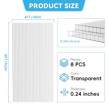 8 Pcs Greenhouse Panel, 8'FT x 4'FT x 0.24"IN Twin-Wall Polycarbonate Sheet - size: 8'FT x 4'FT x 0.24"IN