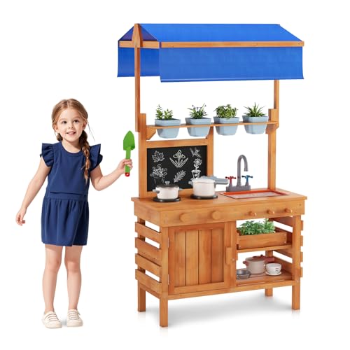 Costzon Mud Kitchen for Kids, Fir Wood Kitchen Playset w/Adjustable Canopy