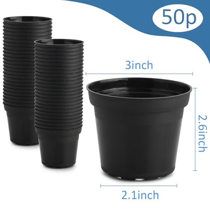 50 Pack 3 Inch Plastic Nursery Pots with Drainage &Raised Base Seed Starter - color: Black, size: 3"-50P