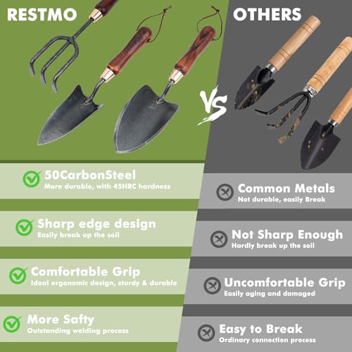 RESTMO Gardening Tools Set, 3-in-1, Carbon Steel, Wooden Handle, Brown - size: Gardening Tool Set