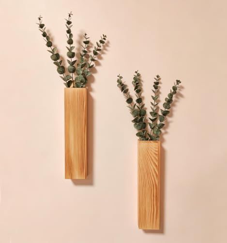 Wood Wall Planters with Faux Eucalyptus 2pcs Artificial Hanging Planter for Indoor Plants Boho Wall Art Decor Modern Farmhouse Living Room, Bedroom, Bathroom Dinning Room Entryway Home (Wood) - color: Wood
