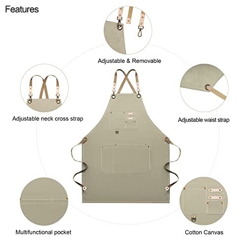 Dulabi Apron, Adjustable Chef Apron for Women and Men with Large Pockets, Cooking Kitchen Apron with Back Straps - color: Khaki