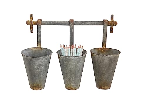 Creative Co-Op Antiqued Metal Wall Rack with 3 Hanging Cone Pots, Grey
