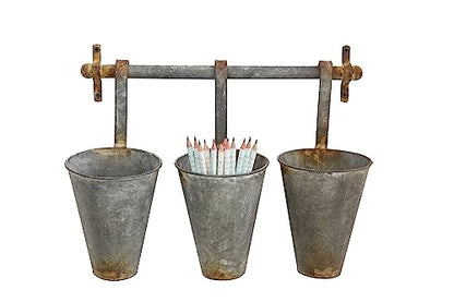 Creative Co-Op Antiqued Metal Wall Rack with 3 Hanging Cone Pots, Grey