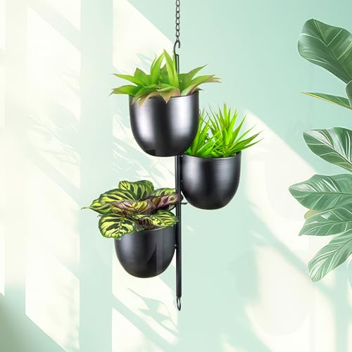 3-Tier Metal Hanging Planter with 6 Inch Oval Pots - Black Modern Triple Tiered Plant Hanger - Vertical Stackable Wall and Ceiling Mount Holder for Indoor and Houseplants - size: Triple-Tier
