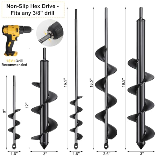 5-Piece Auger Drill Bit Set for Planting, 3/8" Hex Drive - size: 5pcs