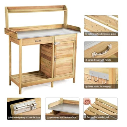 44-Inch Wooden Potting Bench with Galvanized Metal Tabletop, Garden Workbench with Storage Cabinet, Drawer, Hooks, Waterproof Surface for Greenhouse, Patio