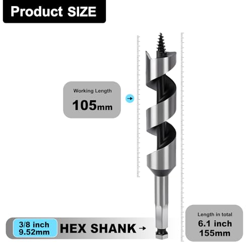 1-1/8" X 6.1" Auger Bit for Wood, 28x155mm Hex Long Auger Drill Bit - size: 1-1/8" (28mm)diameter, style: 6.1 inch / 155mm Length