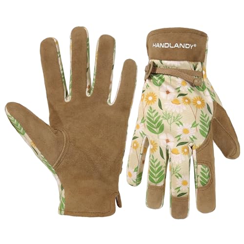 HANDLANDY Gardening Gloves for Women, Leather Garden Glove, Gardener Gift - color: Khaki, size: Small (Pack of 1)